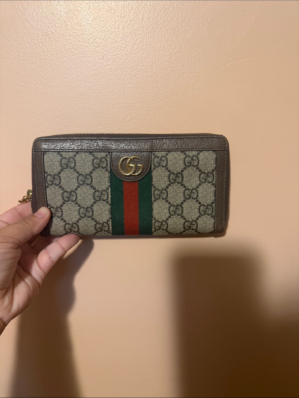 Gucci Beige GG Supreme Zip Wallet with Green and Red Web Stripe